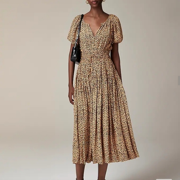 J. Crew Dresses & Skirts - J Crew Elena Leopard Crepe De Chine Puff Sleeve Dress Size XS CD517